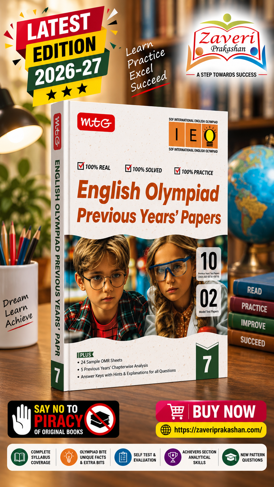 ChatGPT Image Sep 7, 2026, 05_14_39 PM MTG IEO Olympiad 10 Previous Years Papers Class 7 English (2025-2021 Set A & B) - Model Test Papers with 24 Sample OMR Sheets | PYQ Book For SOF Olympiad 2026-27 Exam - Image 1