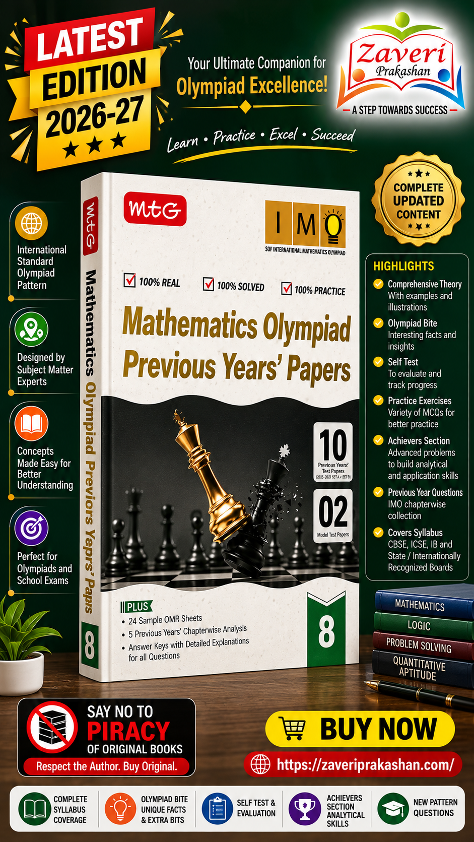 ChatGPT Image Sep 7, 2026, 06_04_02 PM MTG IMO Olympiad 10 Previous Years Papers Class 8 Mathematics (2025-2021 Set A & B) - Model Test Papers with 24 Sample OMR Sheets | PYQ Book For SOF Olympiad 2026-27 Exam - Image 1