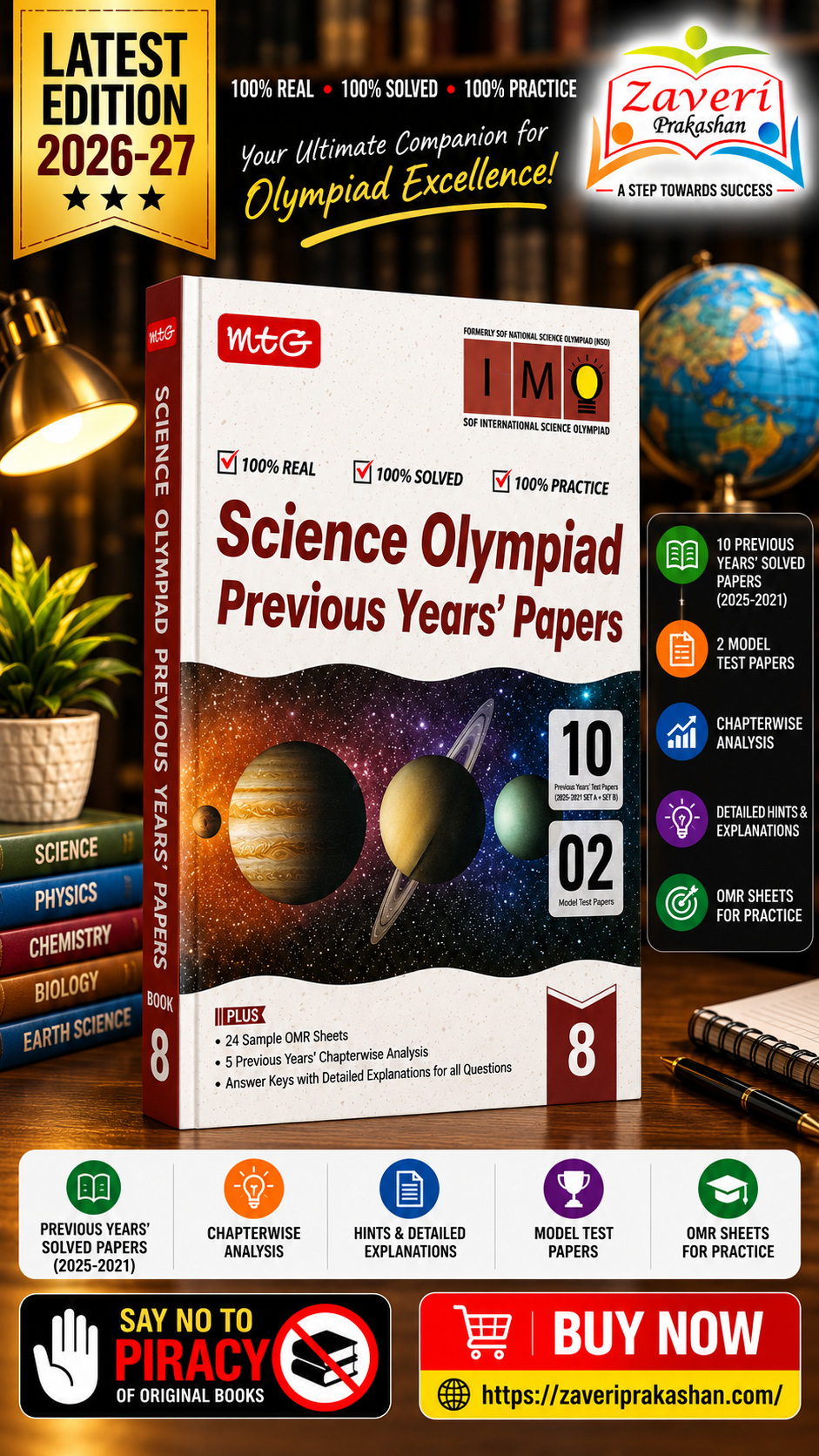 ChatGPT Image Sep 7, 2026, 06_07_19 PM MTG ISO Olympiad 10 Previous Years Papers Class 8 Science (2025-2021 Set A & B) - Model Test Papers with 24 Sample OMR Sheets | PYQ Book For SOF Olympiad 2026-27 Exam - Image 1
