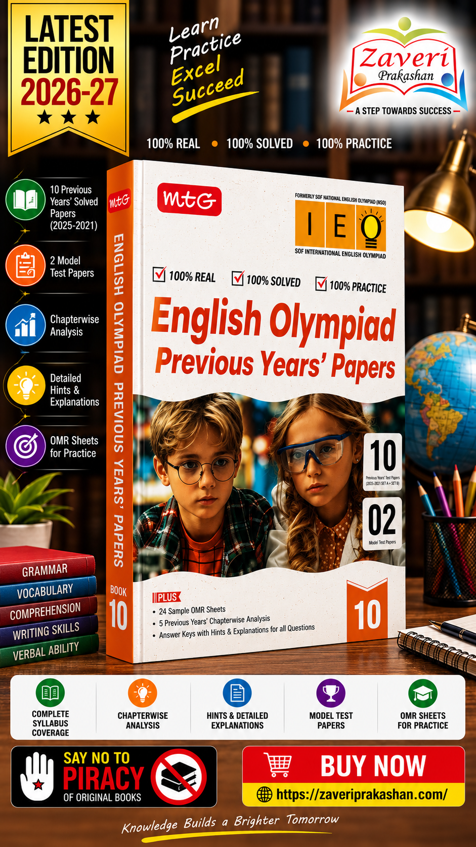 ChatGPT Image Sep 8, 2026, 11_49_40 AM MTG IEO Olympiad 10 Previous Years Papers Class 10 English (2025-2021 Set A & B) - Model Test Papers with 24 Sample OMR Sheets | PYQ Book For SOF Olympiad 2026-27 Exam - Image 1