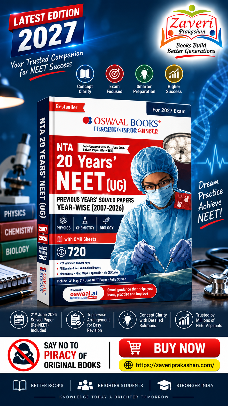 ChatGPT Image Sep 9, 2026, 02_41_29 PM Oswaal NTA NEET (UG) 20 Previous Years' Solved Papers |Year-wise (2007-2026) |Including all Re-exam papers| Physics|Chemistry| Biology |3rd May and 21 June 2026 Paper Fully Solved |With Oswaal AI - Image 1