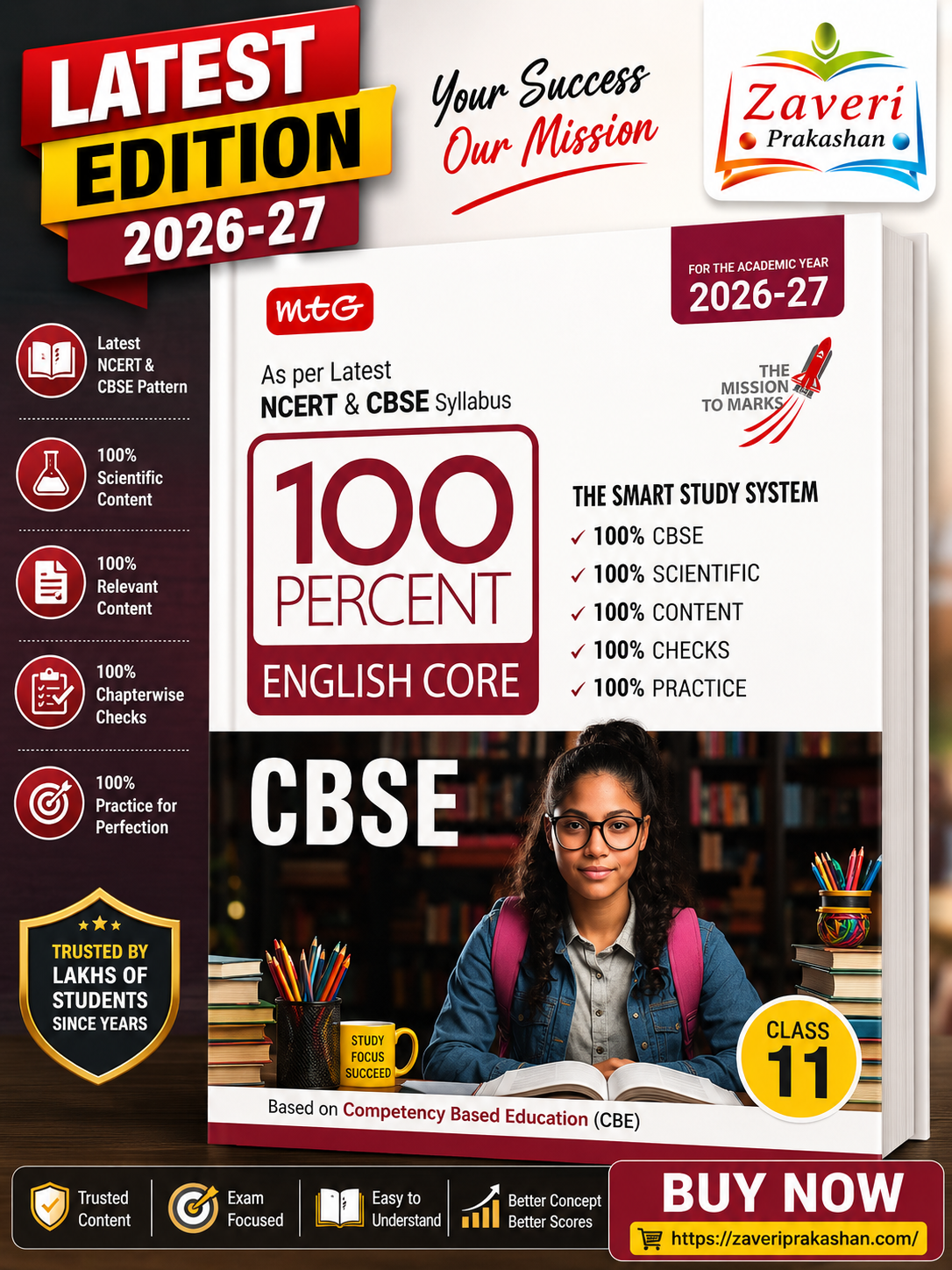 +5FYJ MTG 100 Percent English Core for CBSE Class 11 | 2026–27 Edition | Latest NCERT & CBSE Syllabus | Competency-Based Education (CBE) - Image 1