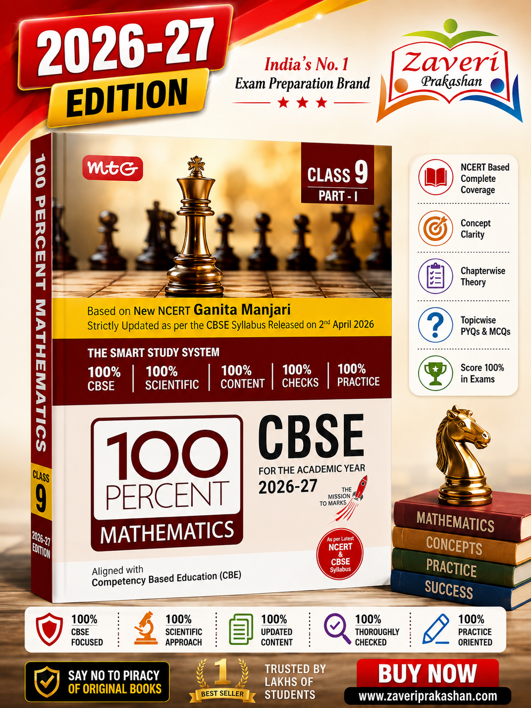 600 MTG 100 Percent Mathematics for CBSE Class 9 Part-I | 2026–27 Edition | Based on New NCERT Ganita Manjari - Image 1