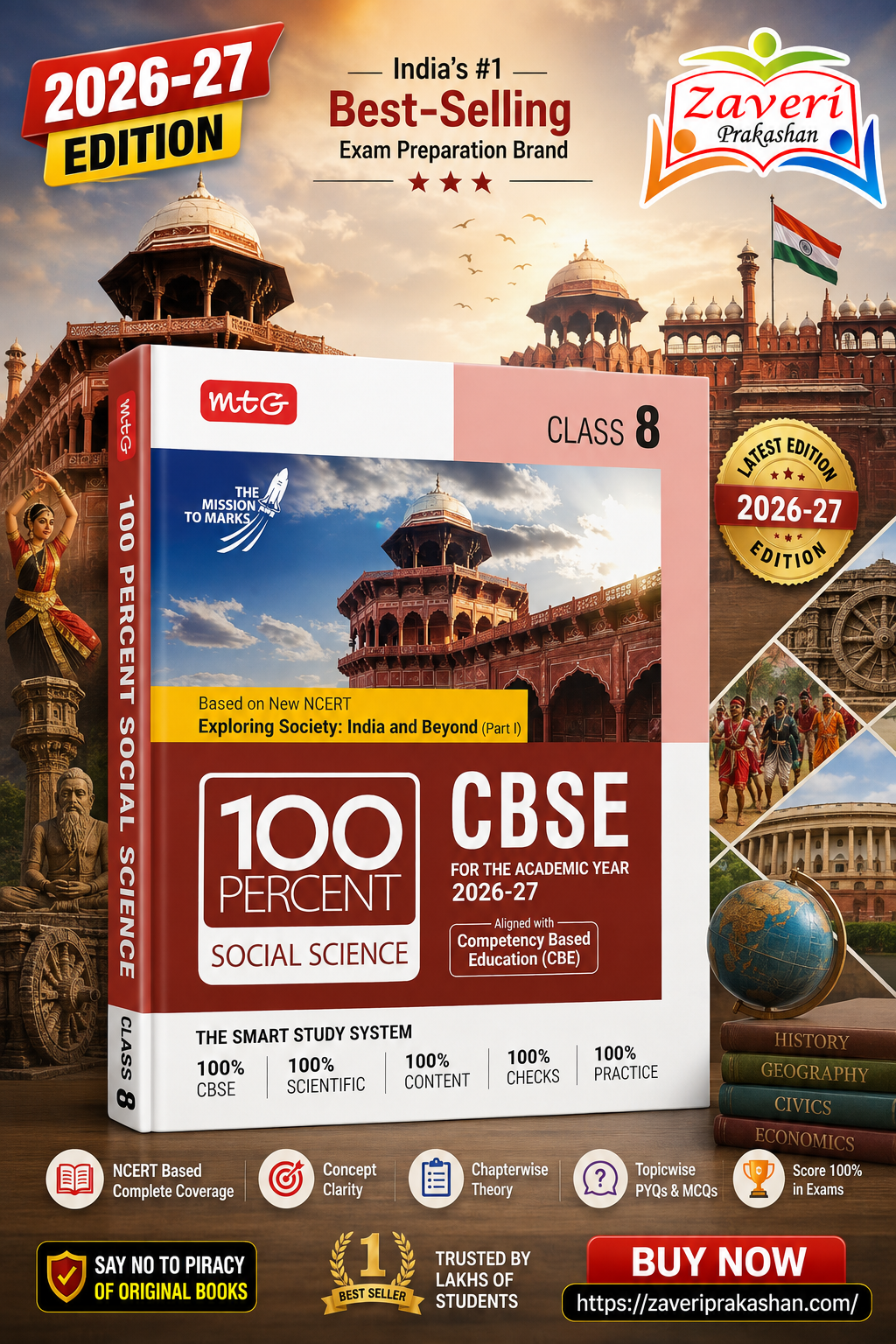 651G MTG 100 Percent Social Science for CBSE Class 8 | 2026–27 Edition | Based on New NCERT – Exploring Society: India and Beyond (Part I) - Image 1