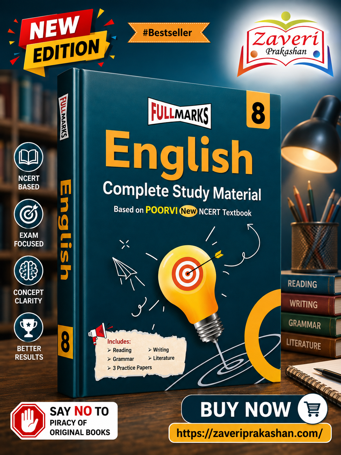 ChatGPT Image Aug 13, 2026, 02_07_04 PM Full Marks English Complete Study Material Class 8 | Based on New NCERT Textbook POORVI and CBSE Syllabus | Includes Chapterwise Summary, Solved Q/A, Practice Papers and More - Image 1