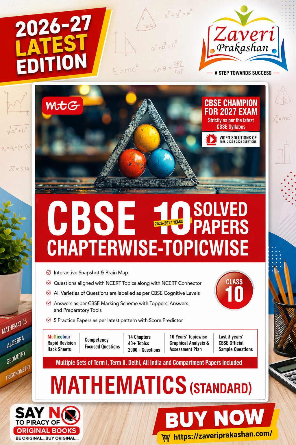 + MTG CBSE Chapterwise-Topicwise 10 Solved Papers Mathematics (Standard) Class 10 | 2026–27 Edition | Latest CBSE Syllabus - Image 1