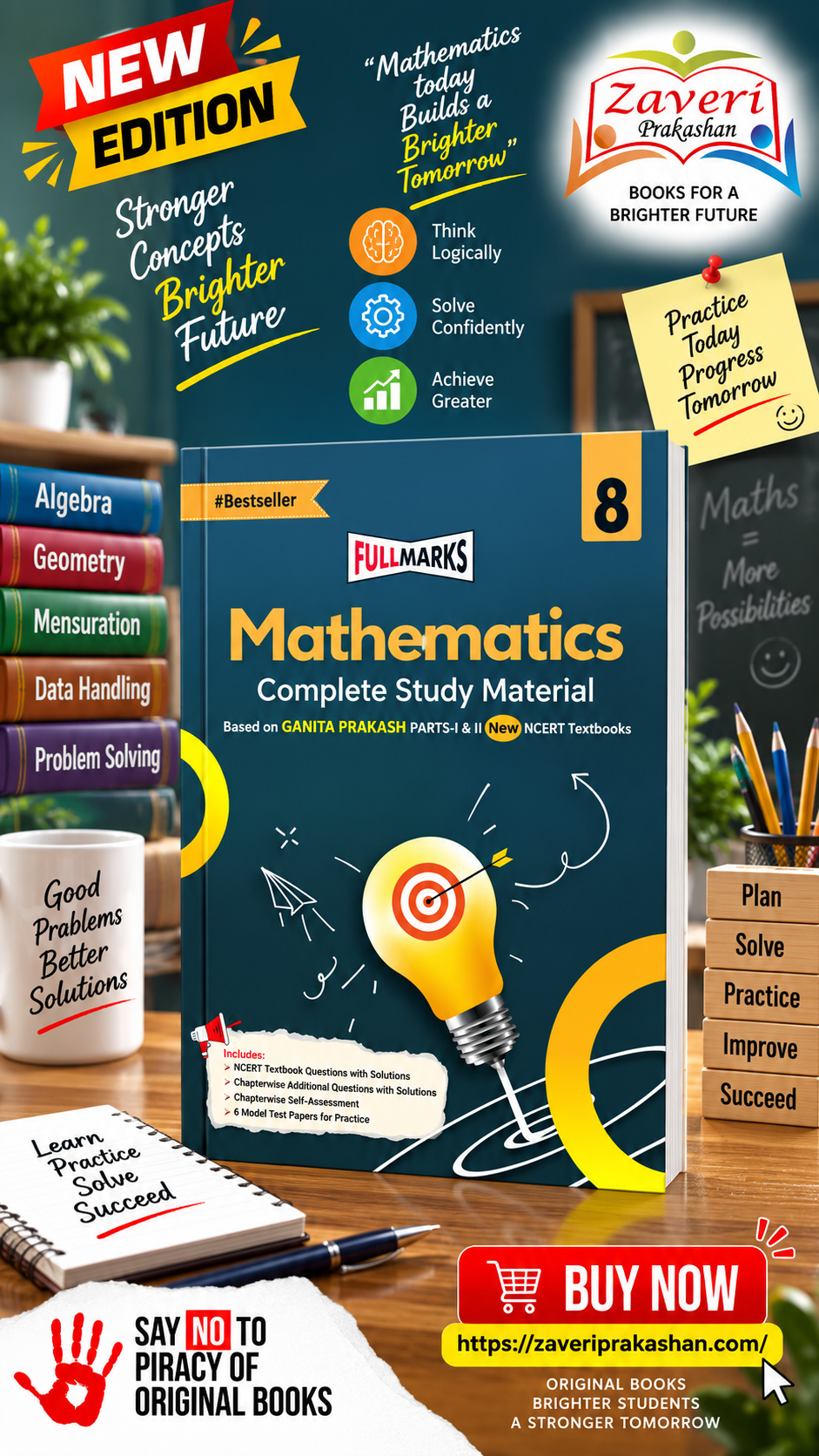 xcvxcv Full Marks Mathematics Complete Study Material Class 8 | Based on New NCERT Textbook GANITA PRAKASH (Part-1 & 2) and CBSE Syllabus | Includes Chapterwise Summary, Solved Q/A, Practice Papers & More - Image 1